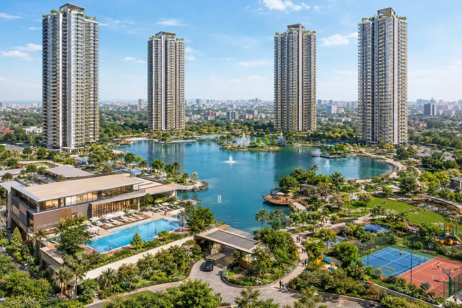 Artist's impression of Primarc Aaranya's towers, clubhouse and landscaped grounds